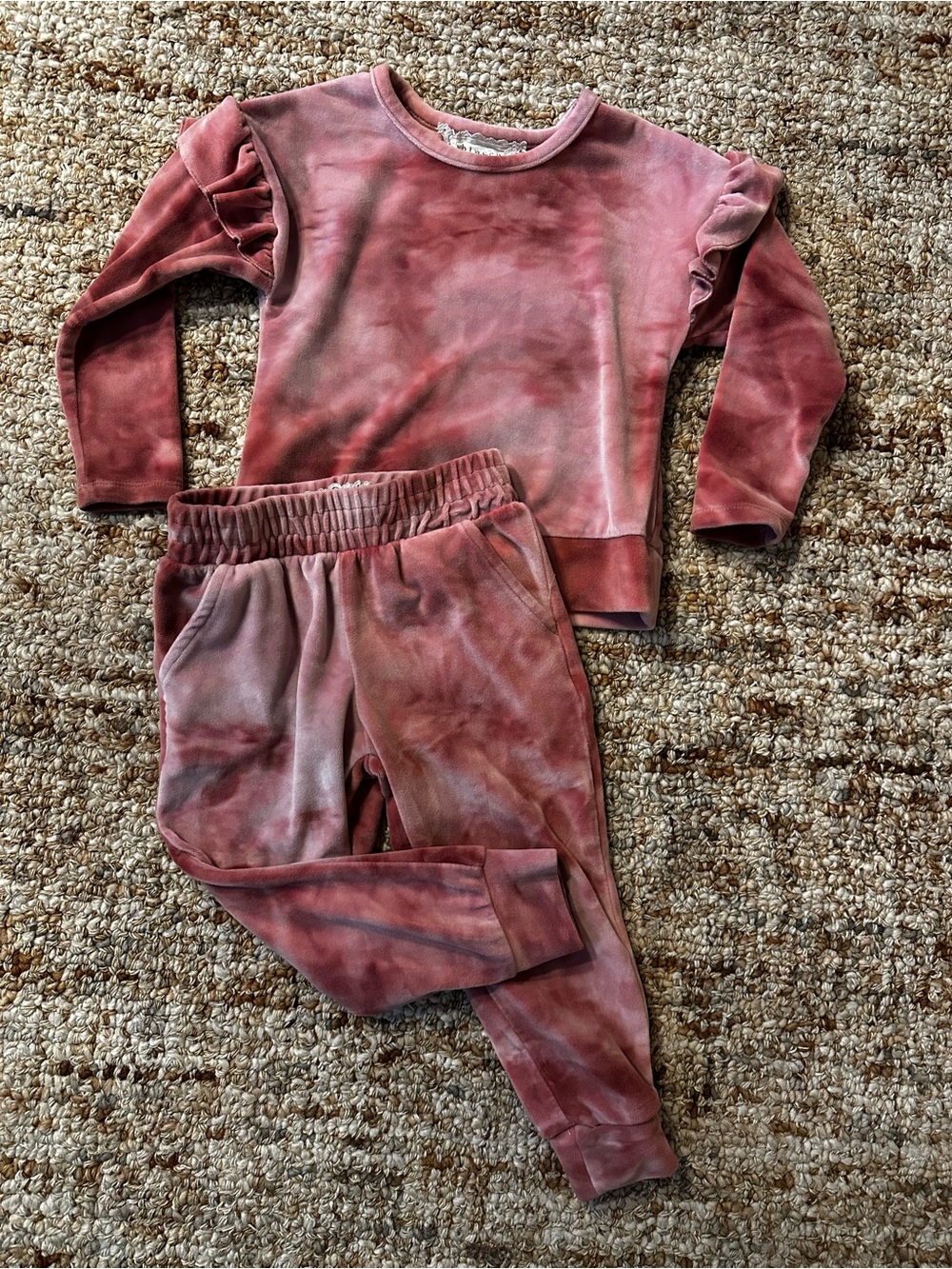 btween Rose-Mauve Tie-Dye Velour Set with Ruffle Shoulders